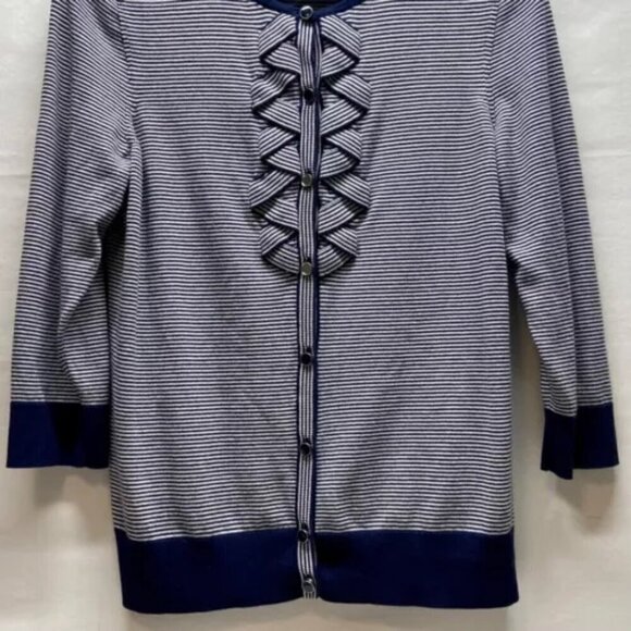 Talbots Ladies Button Front Ruffle Cardigan Medium Navy White Stripe 3/4 Sleeve - Picture 3 of 13